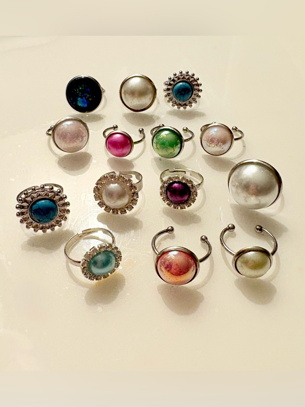 Multi-Color Pearl-Style Adjustable Ring Set Of 14pc - Silver-Tone Bands